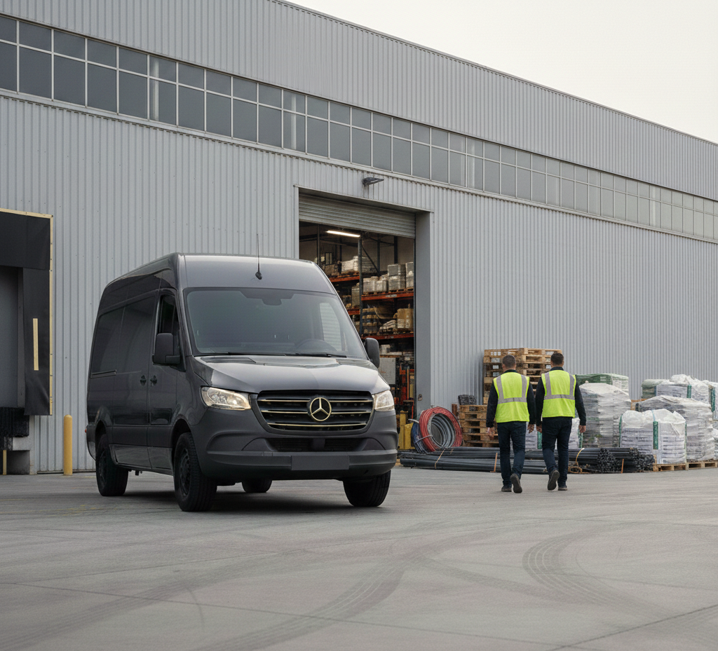 A gray cargo van parked outside a warehouse with two workers in yellow vests walking toward the warehouse entrance, which is open and showing shelves inside.