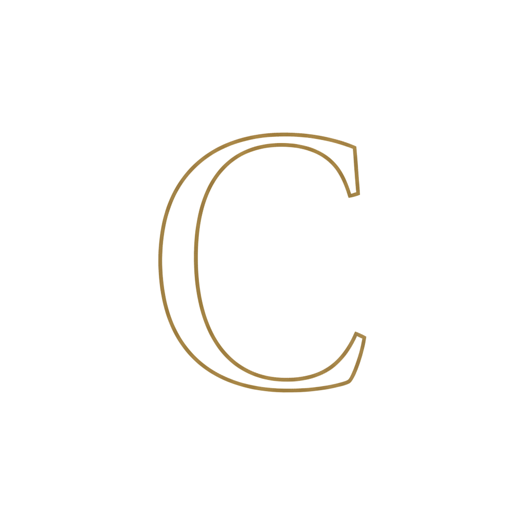 A gold colored outline of the letter C.