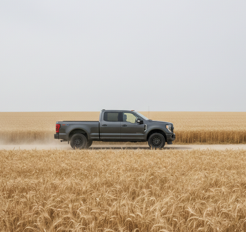 Black pickup truck driving on a dirt road through a golden wheat field under a gray sky.