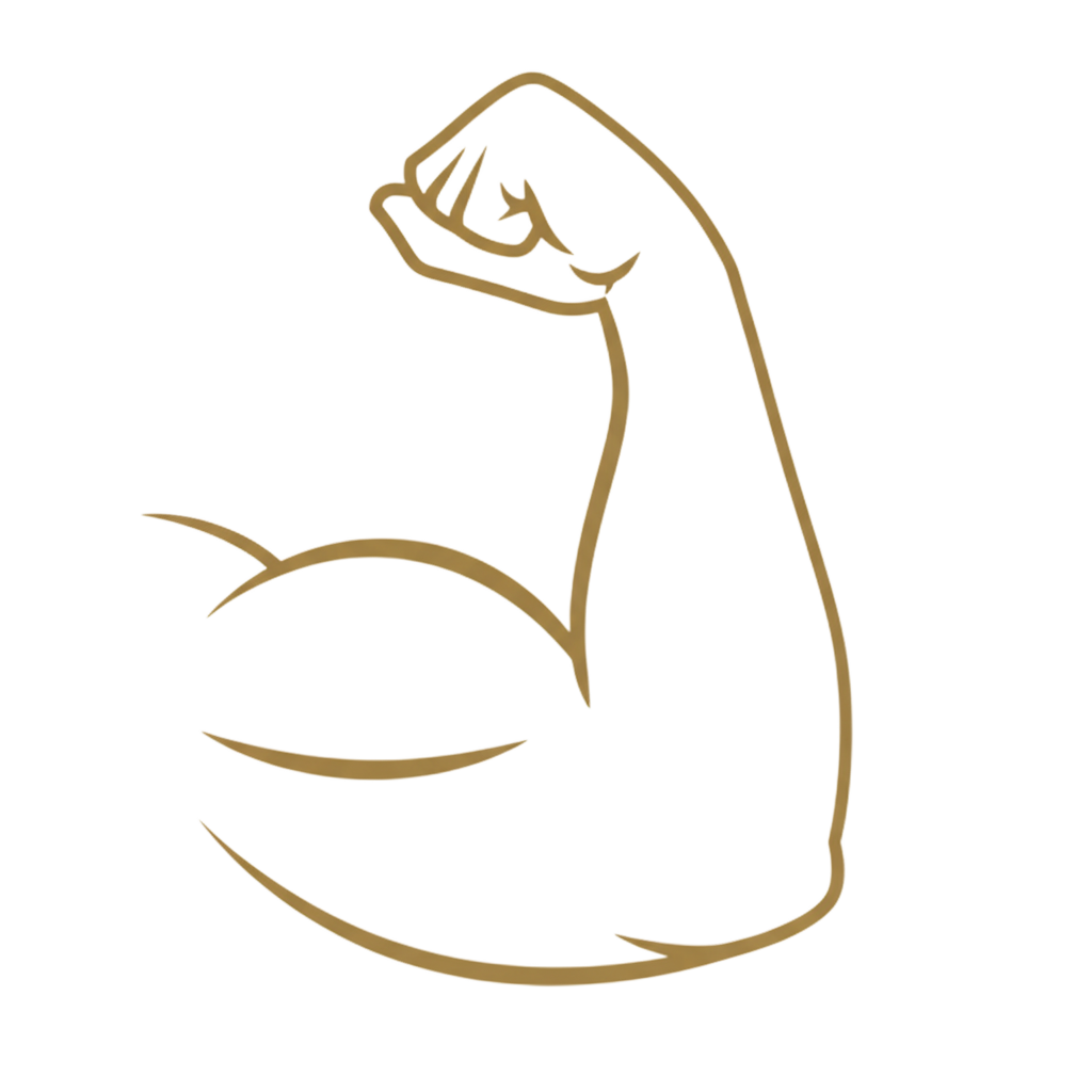 An illustration of an arm flexing its bicep muscles, outlined in gold with a white background.