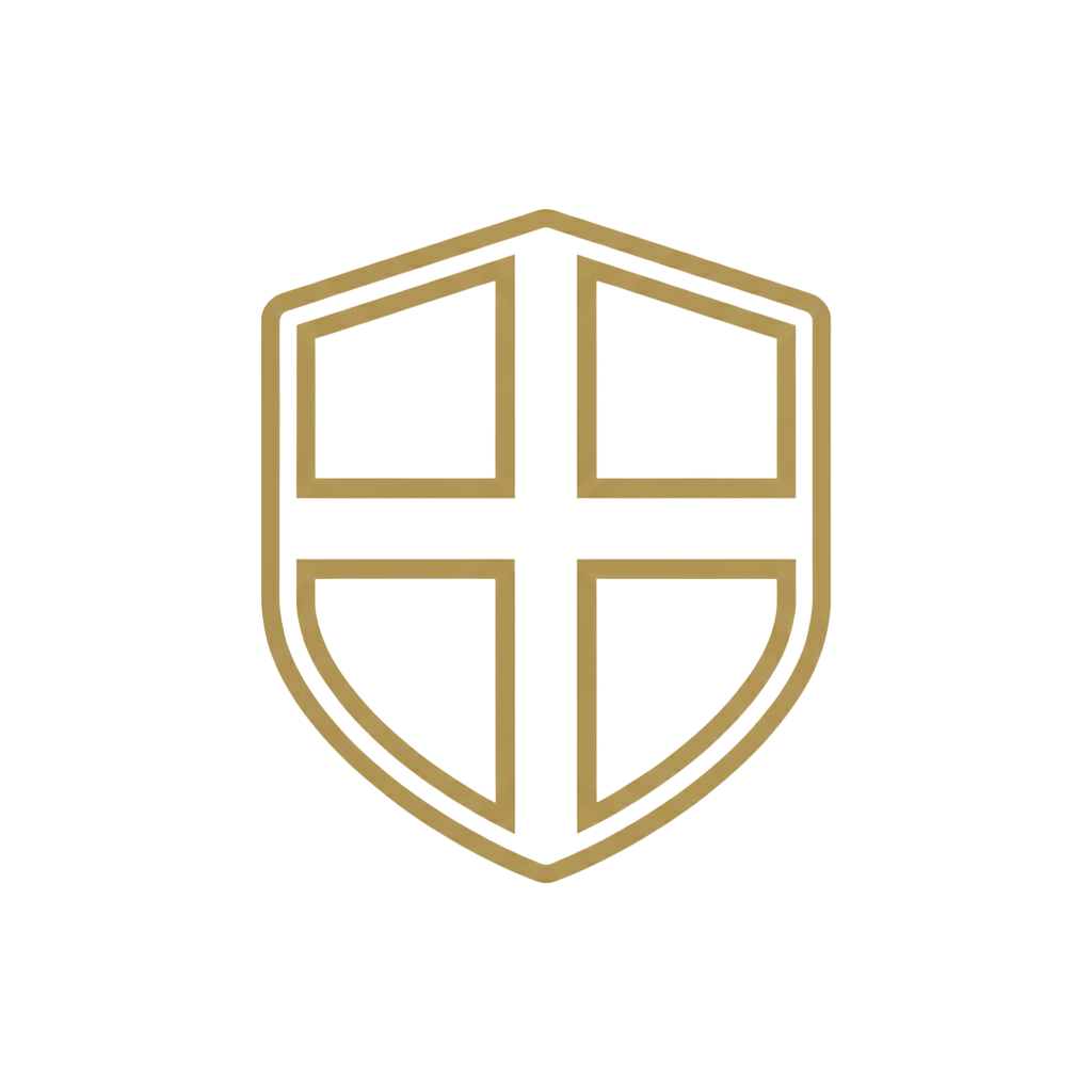 A shield logo with a gold outline divided into four sections. The shield has a white background and a small triangle cutout at the top center.