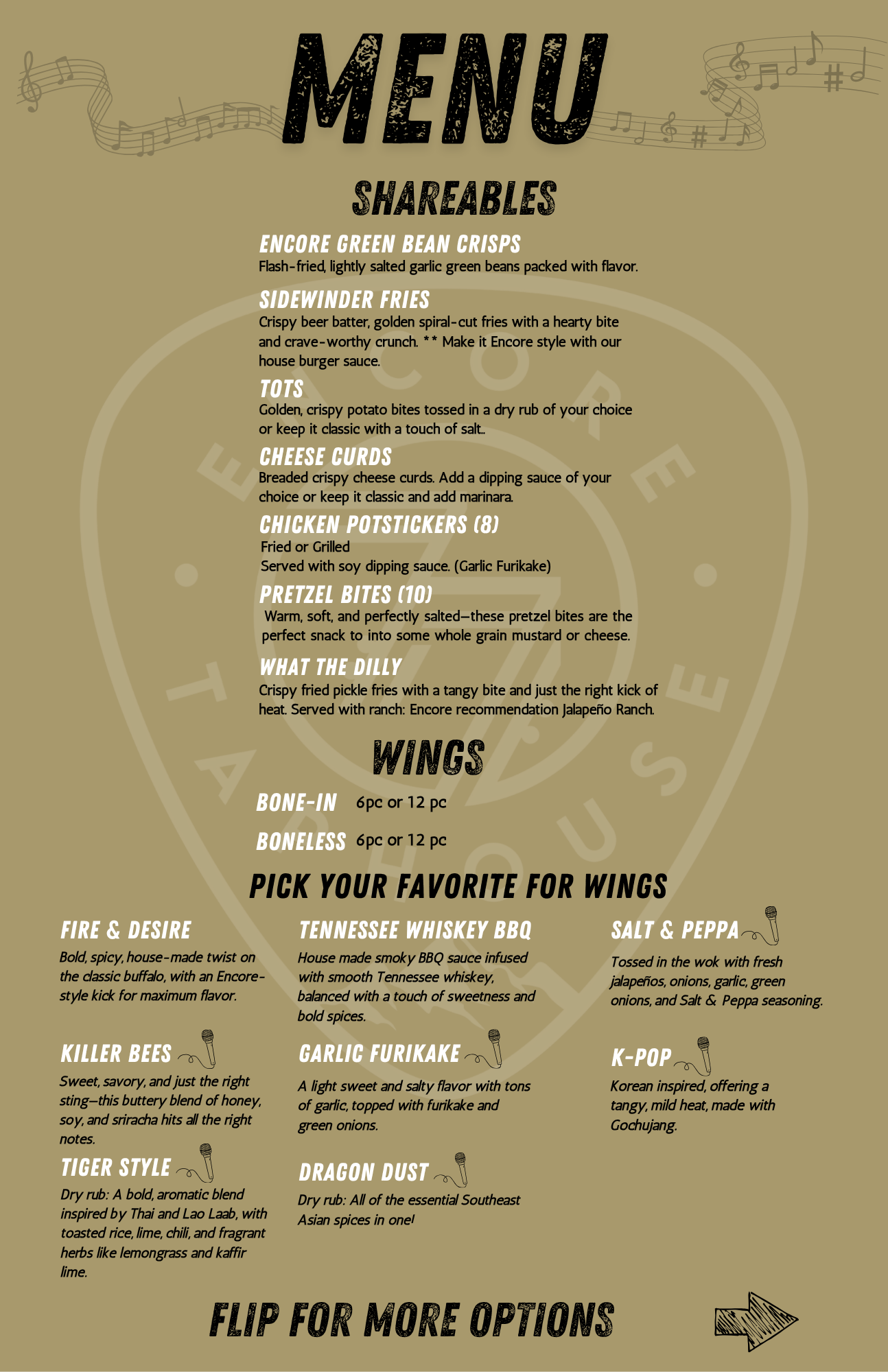 A menu with a musical theme featuring sections for shareables and wings, including items like Encore Green Bean Crisps, Sidewinder Fries, Tots, Cheese Curds, Chicken Potstickers, Pretzel Bites, What the Dilly, and various wing flavors such as Fire & Desire, Tennessee Whiskey BBQ, Salt & Peppa, Killer Bees, Garlic Furikake, Dragon Dust, Tiger Style, and K-Pop.