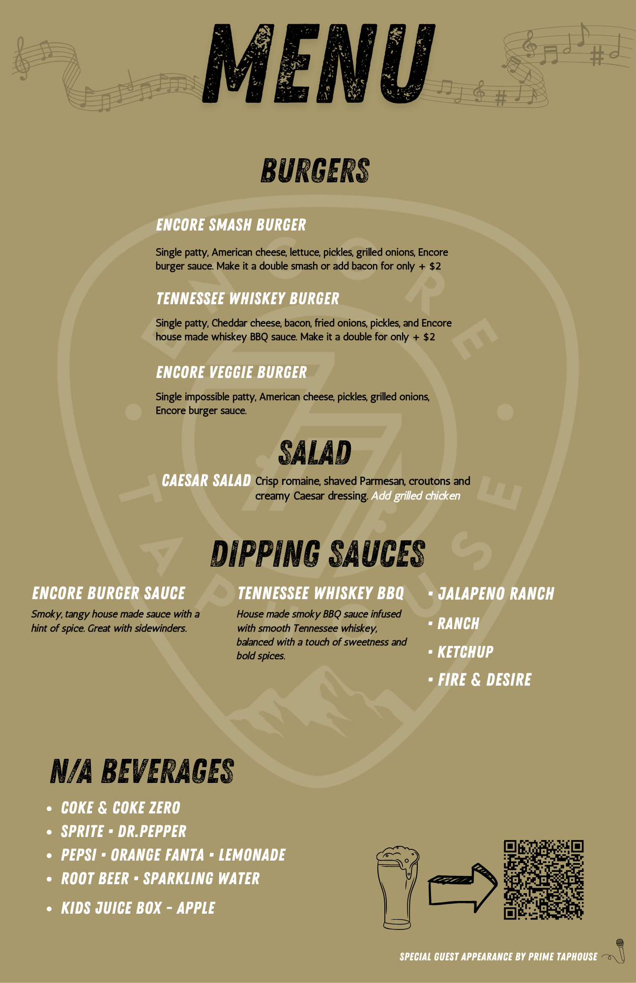 Menu with food and drink options including burgers, salads, sauces, and beverages on a beige background.