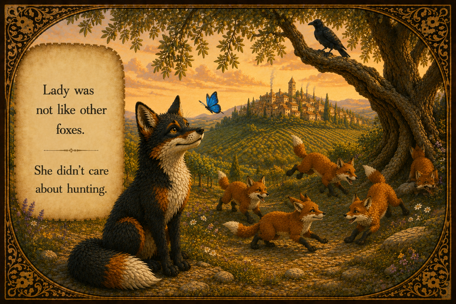 An illustrated scene of a fox and five fox cubs in a forest clearing with a large tree and a distant hilltop village. The fox is sitting calmly, and the cubs are playing. A blue butterfly is near the fox's face, and a black bird is perched on a branc