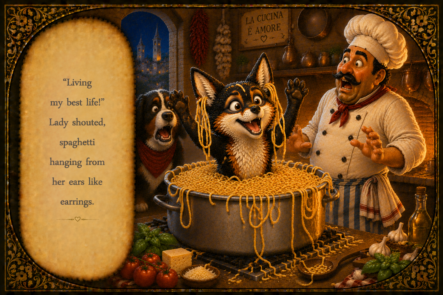 A cooking scene featuring a chef, a dog, and a cat with pasta. The dog has an open mouth, and the cat appears excited with pasta hanging from its ears, inside a large pot of spaghetti. A sign in the background reads 'La cucina è amore.'