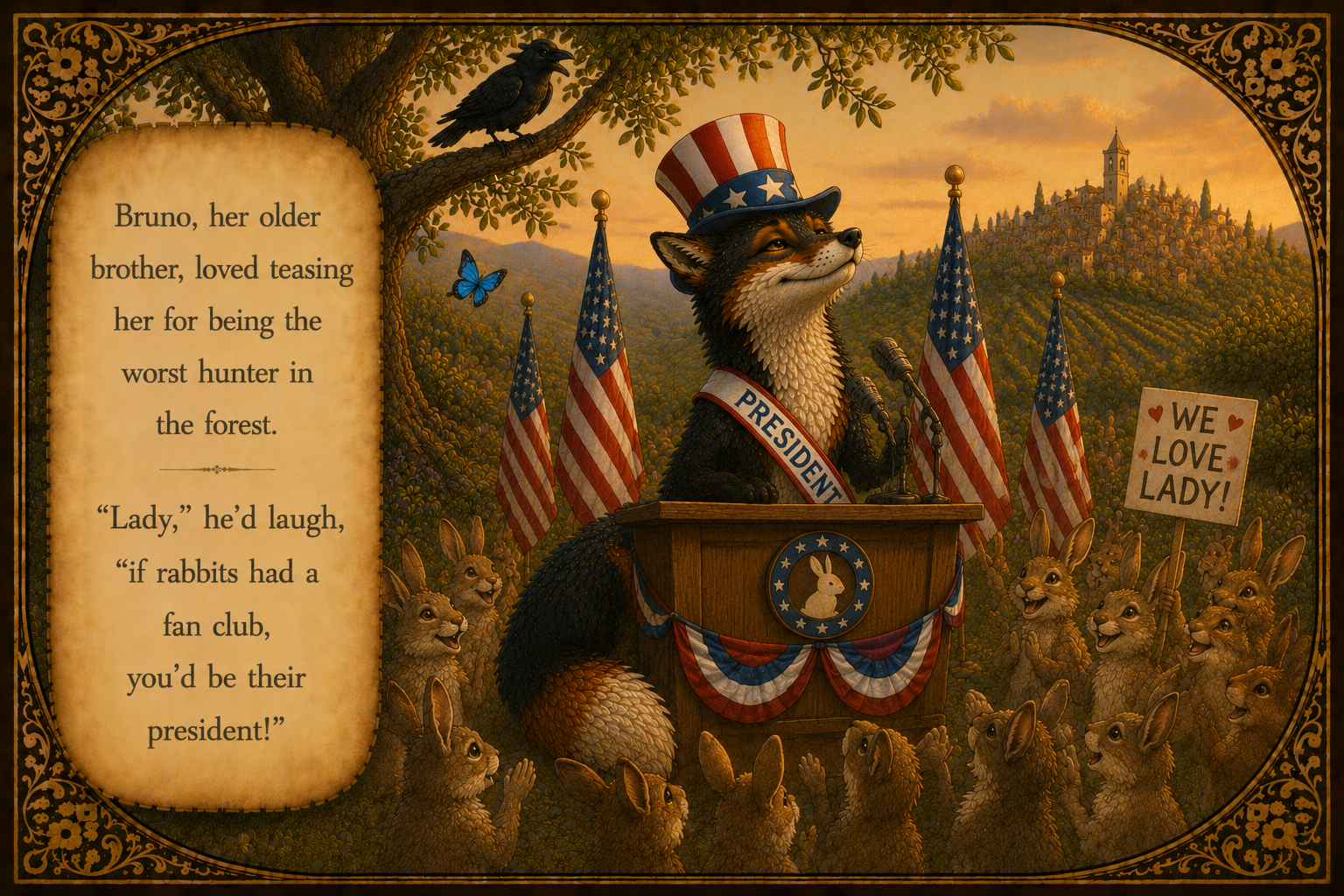 An anthropomorphic fox dressed with a Uncle Sam hat and a presidential sash, standing at a podium with microphones, surrounded by rabbits and holding a sign that says, "We Love Lady!". The scene has American flags, a large tree with a crow, mountains