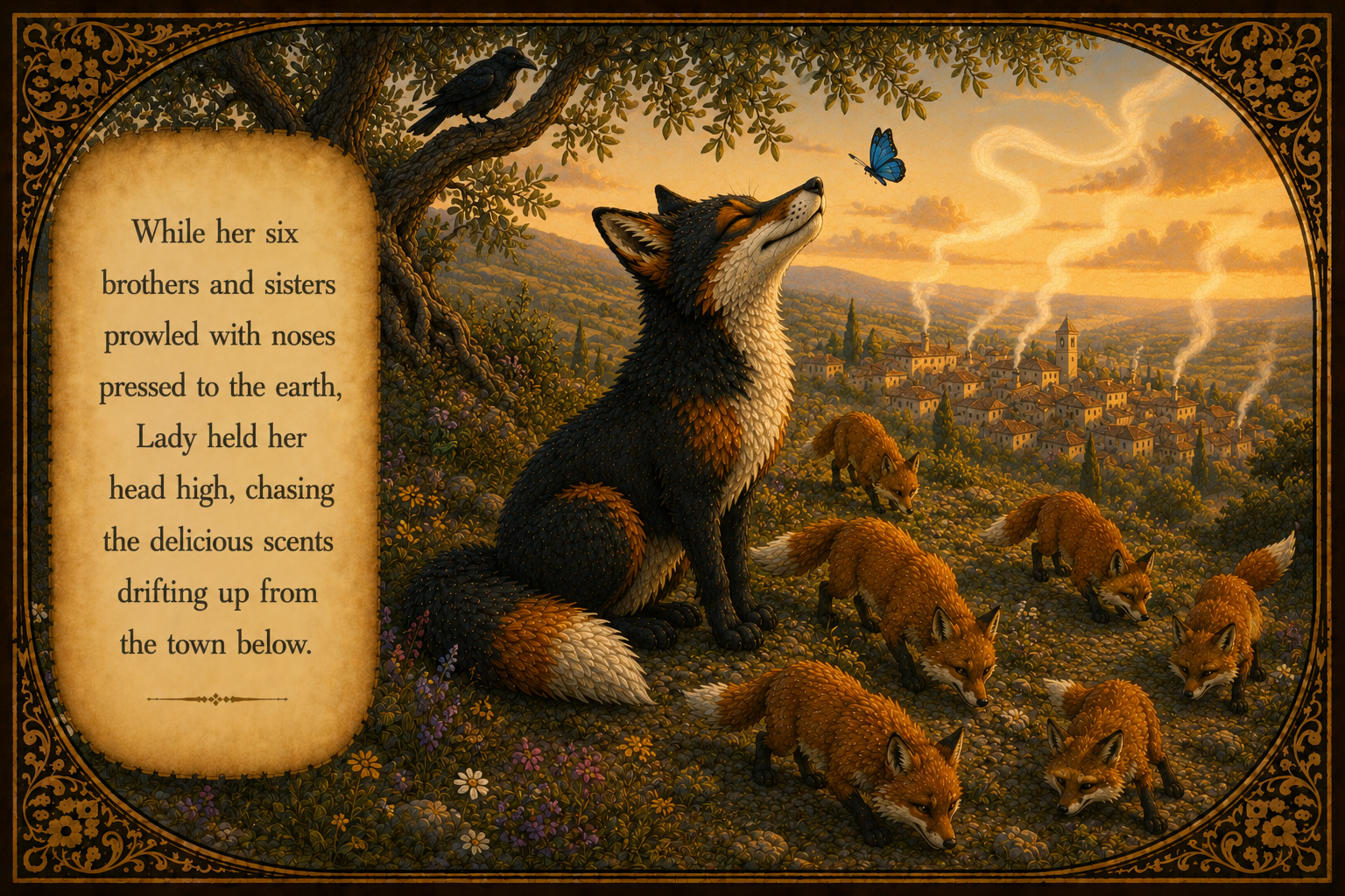 An illustrated scene with a mother fox sitting on a hillside surrounded by her six young foxes, all with reddish fur and black paws. The mother fox is looking up at a blue butterfly near her face, with a serene sunset sky and a town with smoke rising