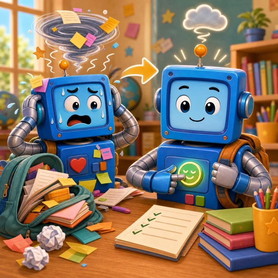 Book Bot calming down while sticky notes swirl around