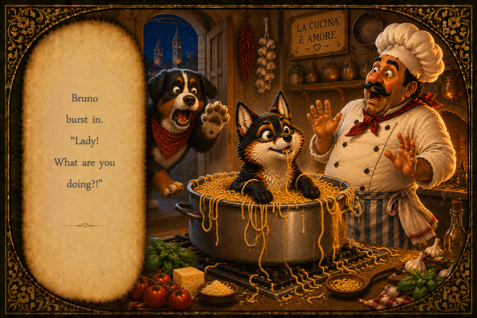 Three animated dogs and a chef in a rustic kitchen. The central dog, resembling a husky, is in a large pot of spaghetti, while the other dog, a bernese mountain dog, is excitedly pawing at the scene. The chef, dressed in a white coat and striped apro