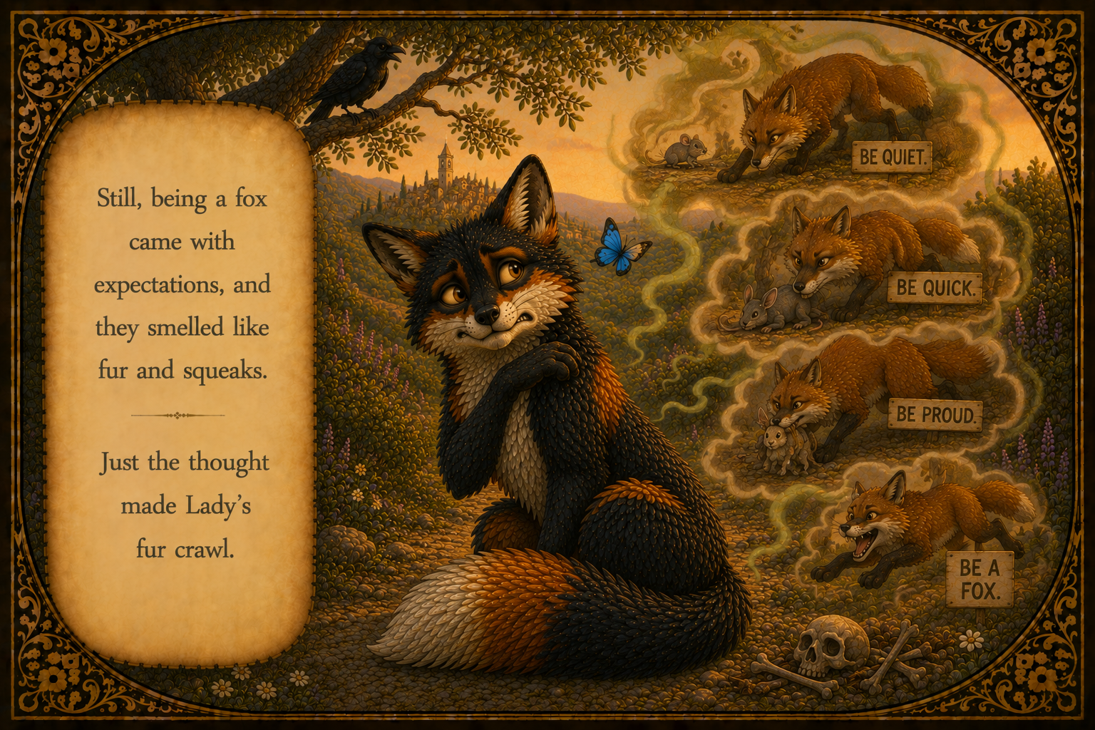 Illustration of a fox with four different poses and signs: 'BE QUIET,' 'BE QUICK,' 'BE PROUD,' and 'BE A FOX.' Behind the fox, a forest scene with a tree, a crow, a blue butterfly, a skull, and bones. On the left side, a text box reads: 'Still, being