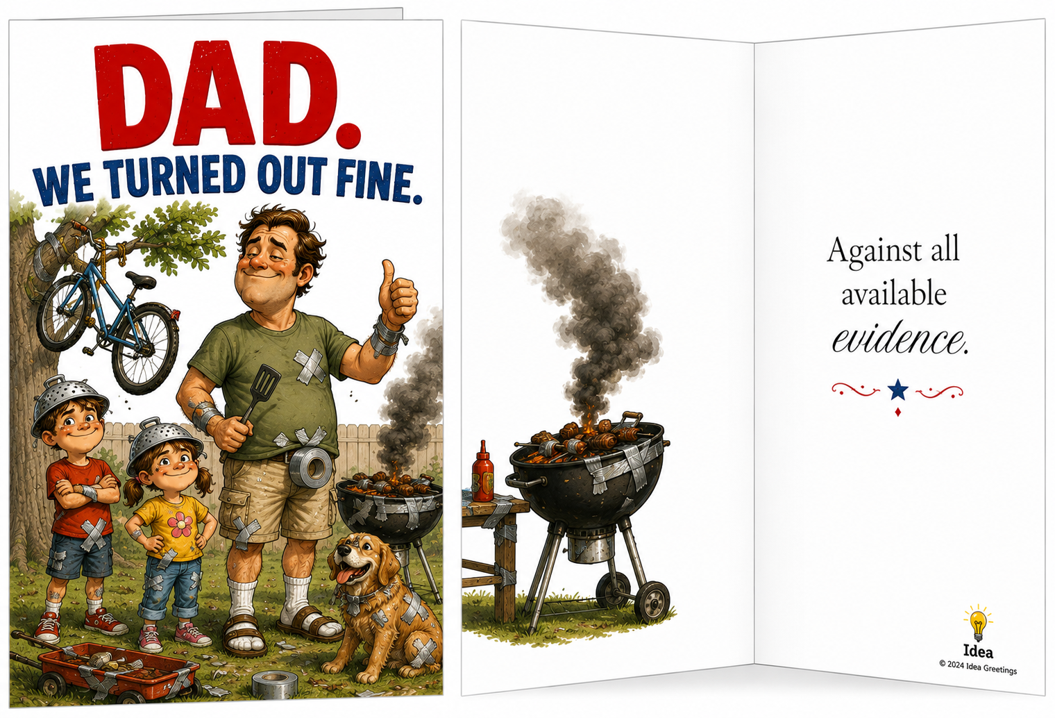 A humorous greeting card showing a man and two children covered in duct tape with bandages, smiling approvingly. They are outdoors near a fence, with a tree in the background and a dog sitting at their feet. The man is giving a thumbs up, holding a s