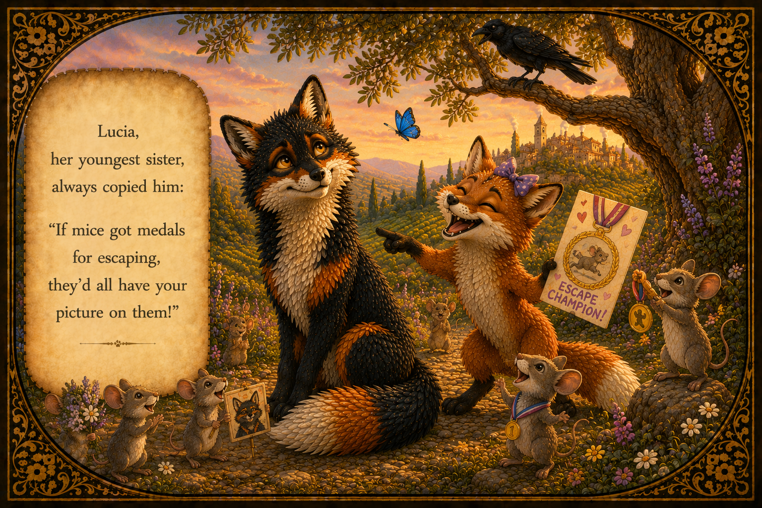 Illustration of two foxes in a scenic outdoor setting with mice and a crow, where one fox is being awarded a medal, and the mice are celebrating with flowers and signs, against a backdrop of mountains, trees, and a sunset sky.