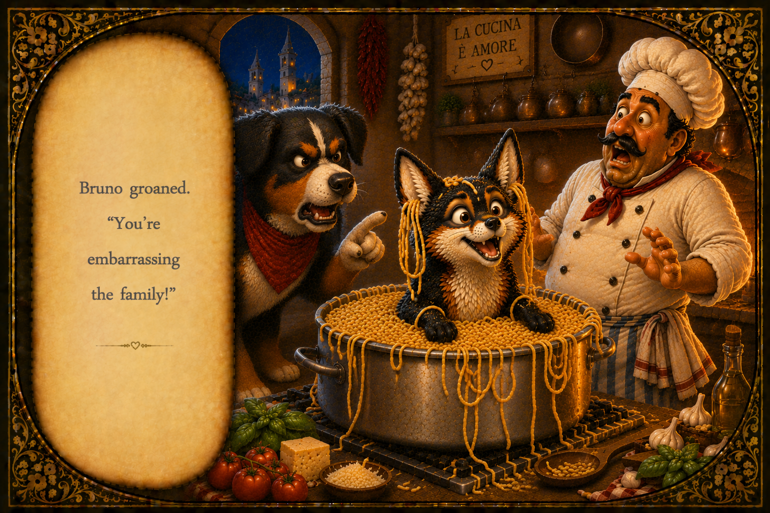 A humorous animated scene featuring a dog, a cat, and a chef in a kitchen. The dog looks angry and points at the cat, who is sitting in a large pot filled with spaghetti. The chef appears surprised. The scene is decorated with garlic, tomatoes, chees