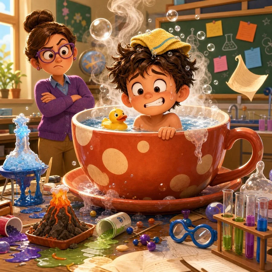 A learner in trouble shown with playful hot water imagery