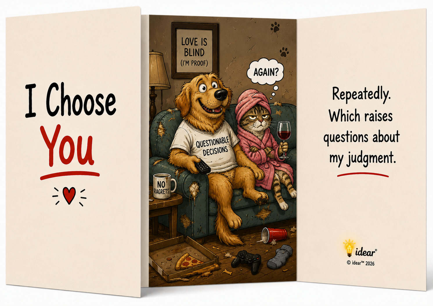 A humorous greeting card with an illustration of a dog and a cat sitting on a torn-up sofa. The dog is smiling and holding a TV remote wearing a shirt labeled 'Questionable Decisions.' The cat is wrapped in a pink towel, holding a glass of red wine, 