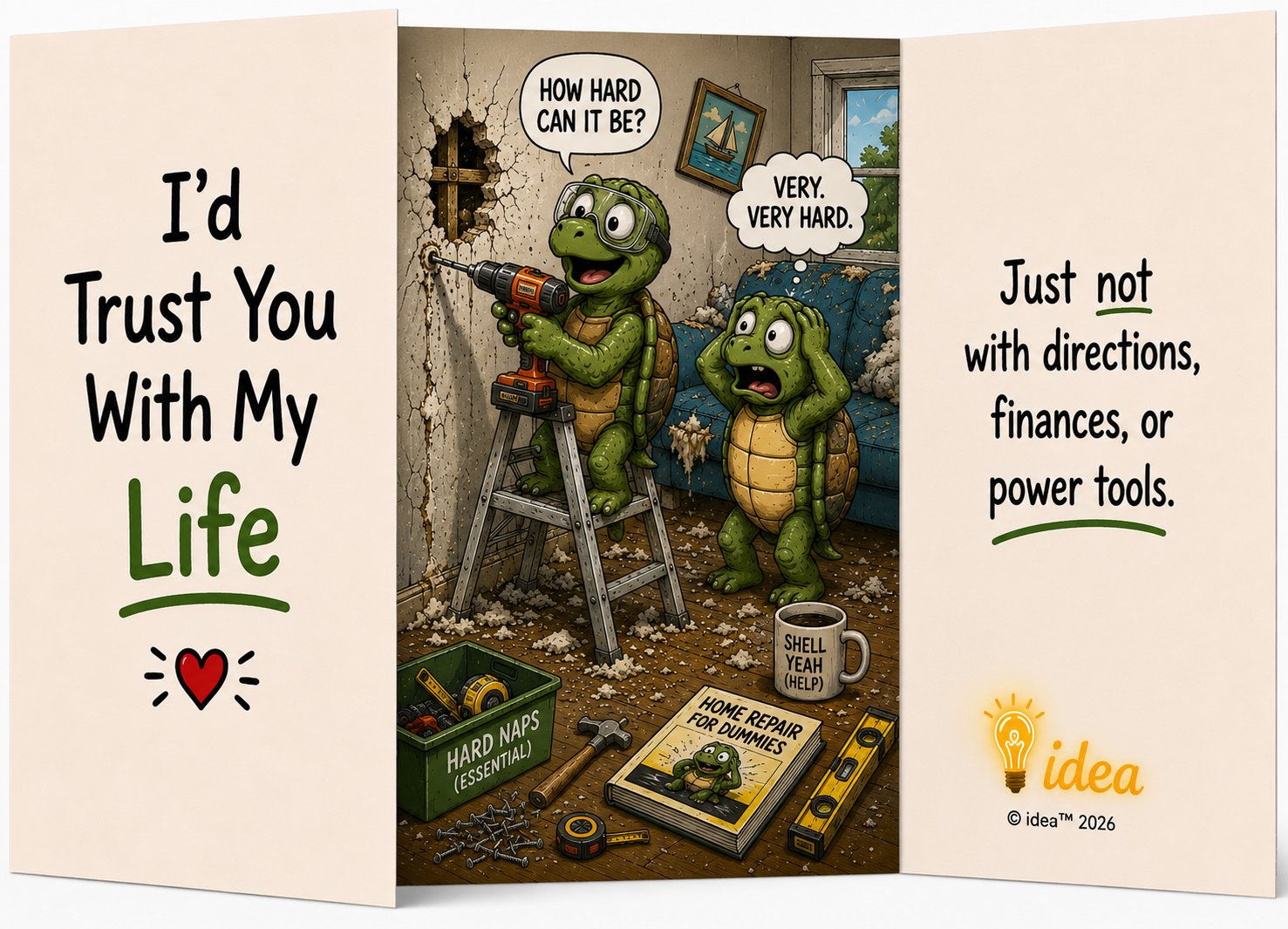 A cartoon illustration of two turtles working on home repairs indoors, with a cracked wall and a window in the background. One turtle is on a ladder holding a drill, and another turtle looks distressed. The scene includes various tools and a book tit