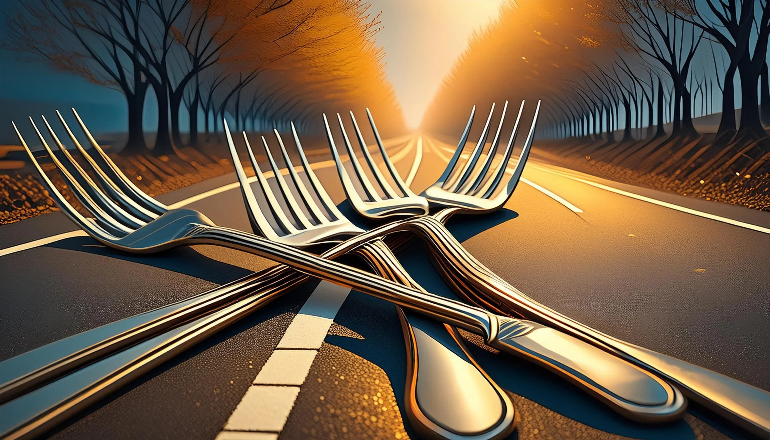 A surreal digital artwork of broken silver forks on a road with trees on sides, leading to a bright horizon, evoking a sunset.