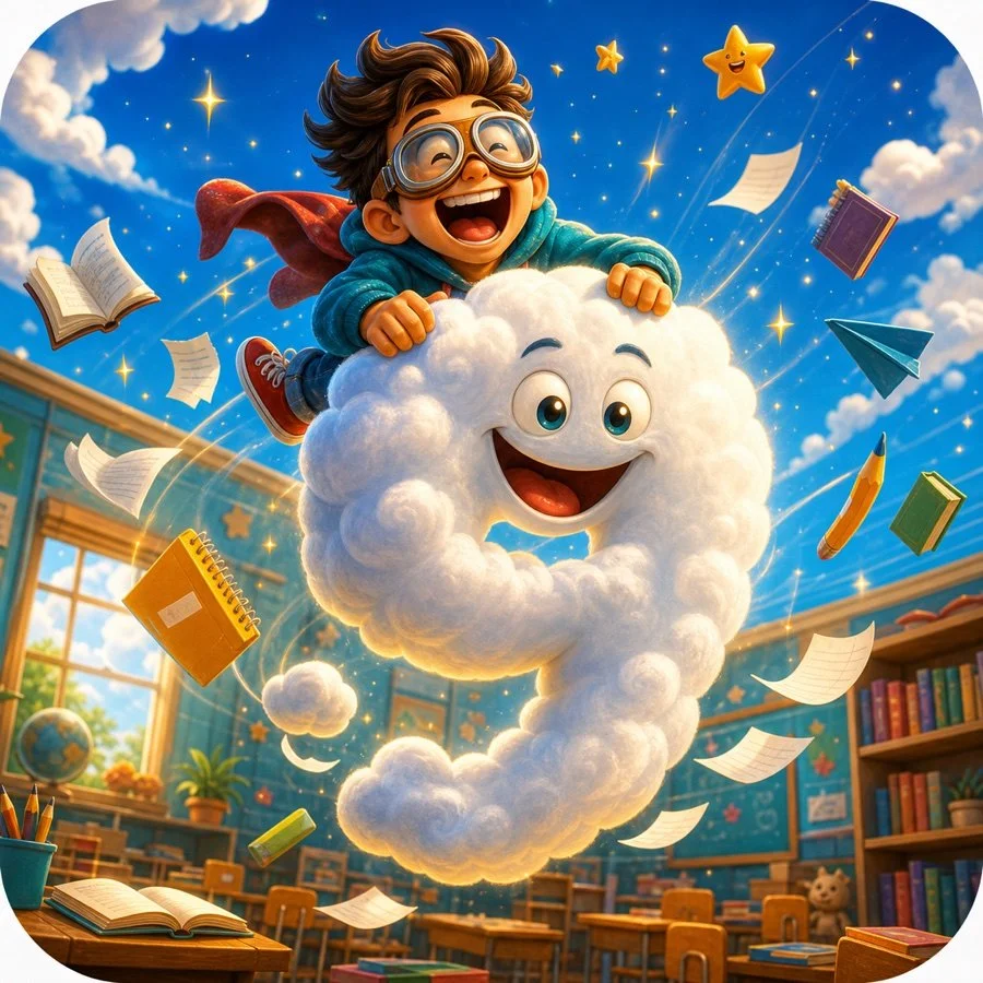 A happy learner sitting on a cheerful cloud