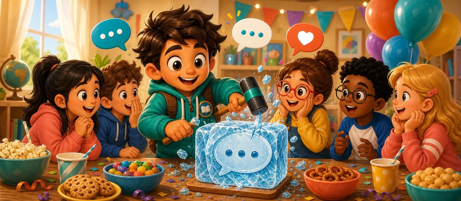 Children talking together with speech bubbles for beginner conversation idioms