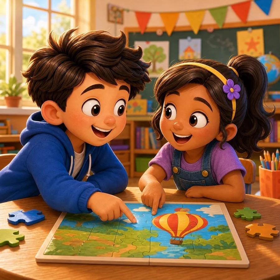 Two learners agreeing while working on a puzzle together