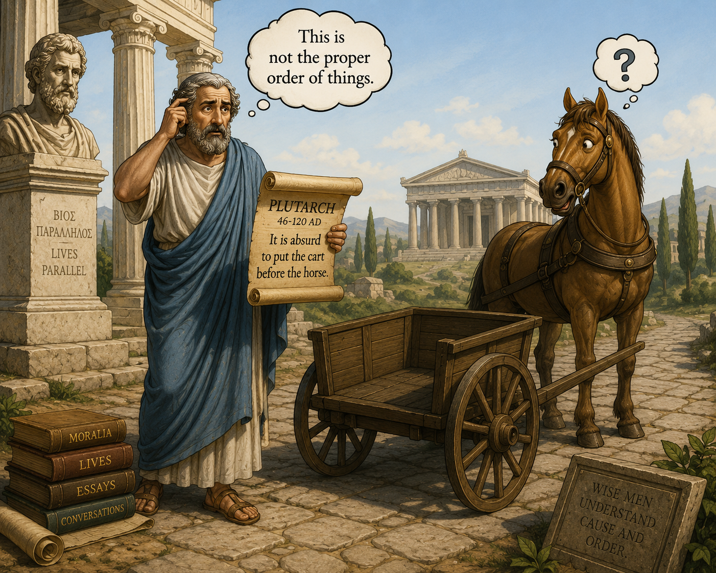 A cartoon depiction of a man dressed as an ancient philosopher talking to a horse with a cart, set against ancient Greek ruins. The man has a speech bubble that says, 'This is not the proper order of things,' while the horse has a thought bubble with a question mark. The man holds a scroll that says, 'PLUTARCH 46-120 AD. It is absurd to put the cart before the horse.' There is a stack of books labeled 'Moralia,' 'Lives,' 'Essays,' 'Conversations' on the ground and a plaque that reads, 'Wise men understand cause and order.'