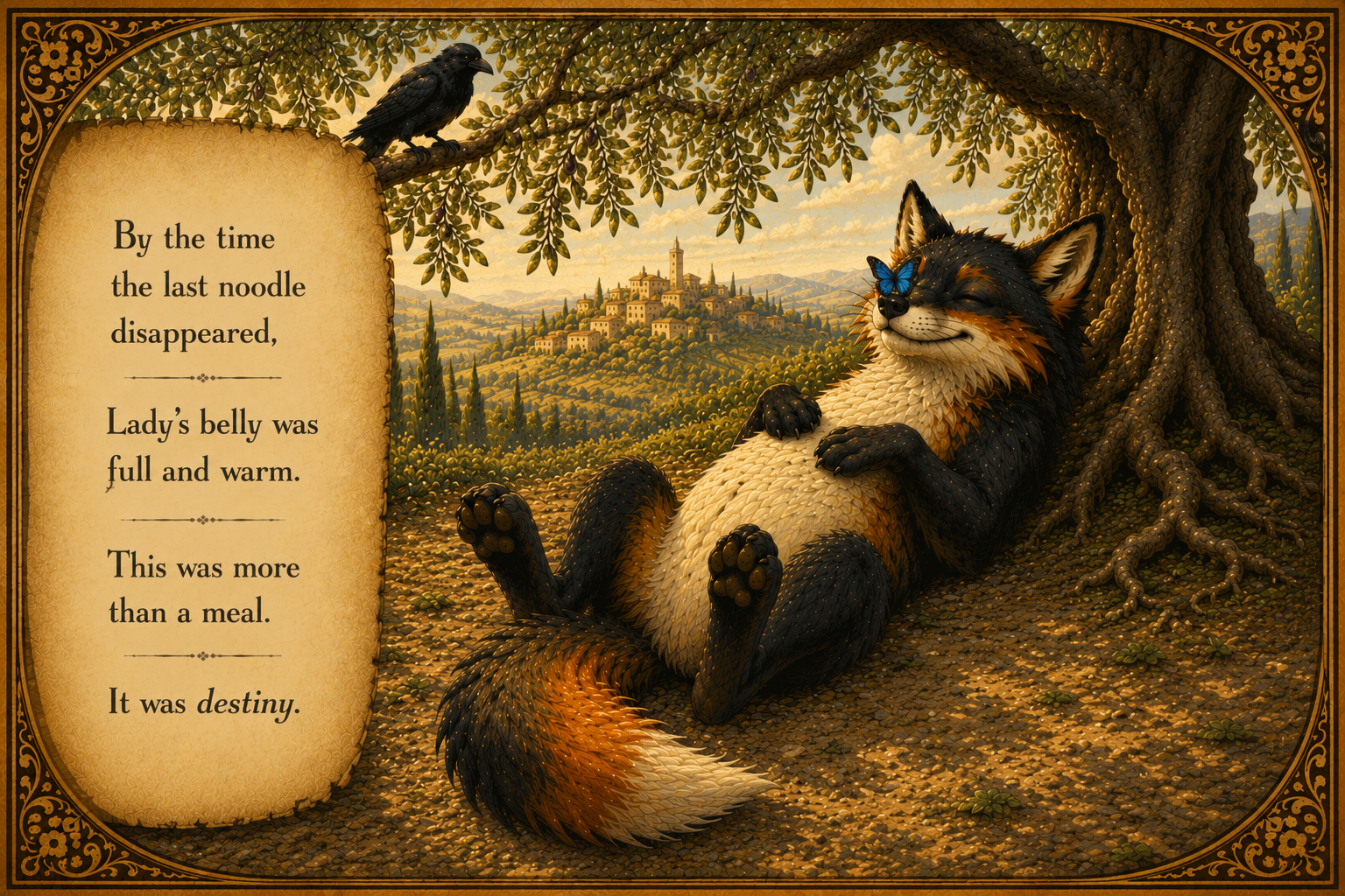 A fox relaxing under a large tree with a butterfly on its nose, on a hilltop with a village in the background, and a raven perched on a branch overhead. A story text on the left side.