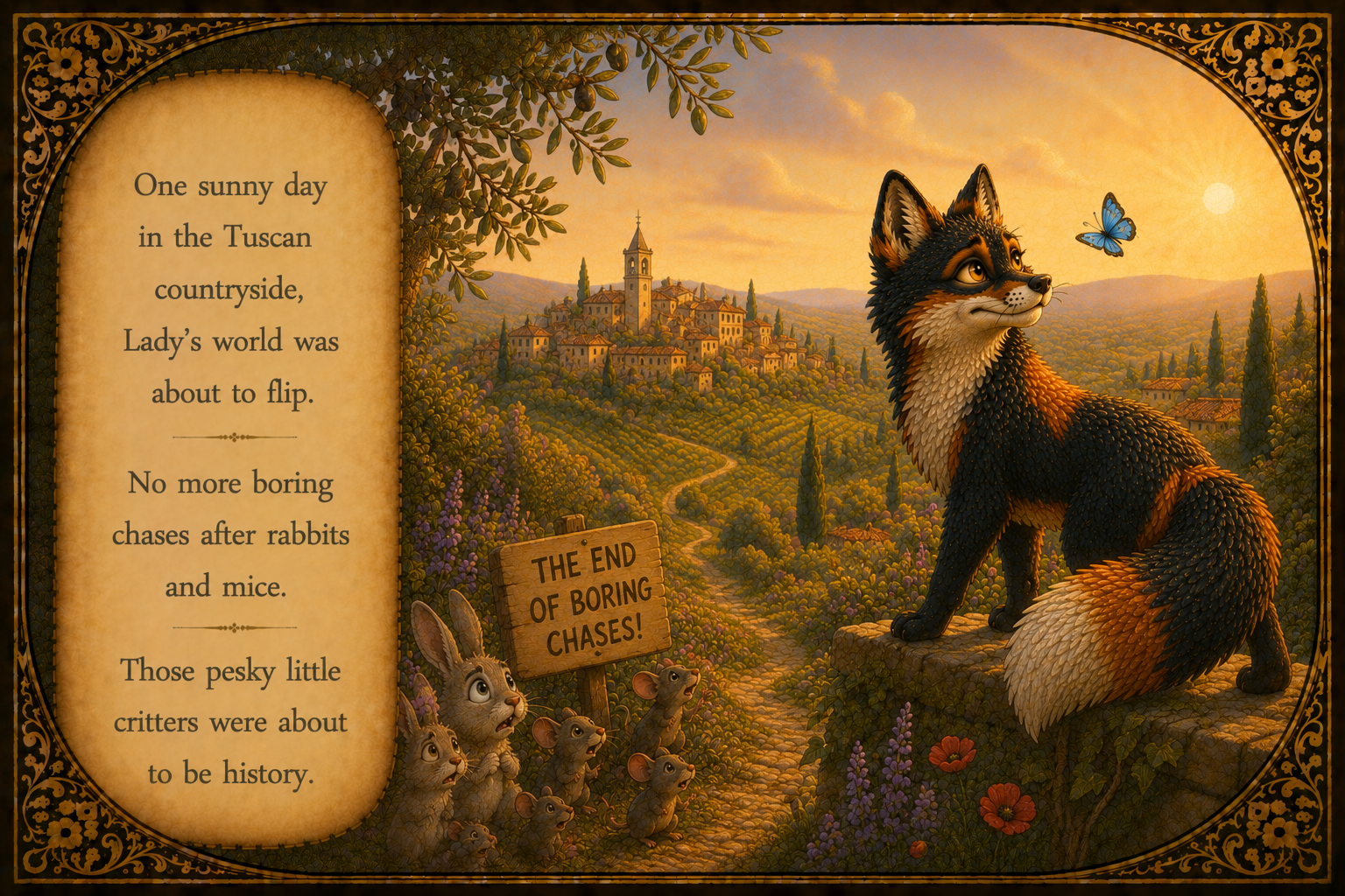 Illustration of a scenic Tuscan countryside at sunset with a fox and a group of mice. The fox is sitting on a stone wall, gazing into the distance with a butterfly near its face. Mice are looking up at the fox, holding a wooden sign that reads 'The E