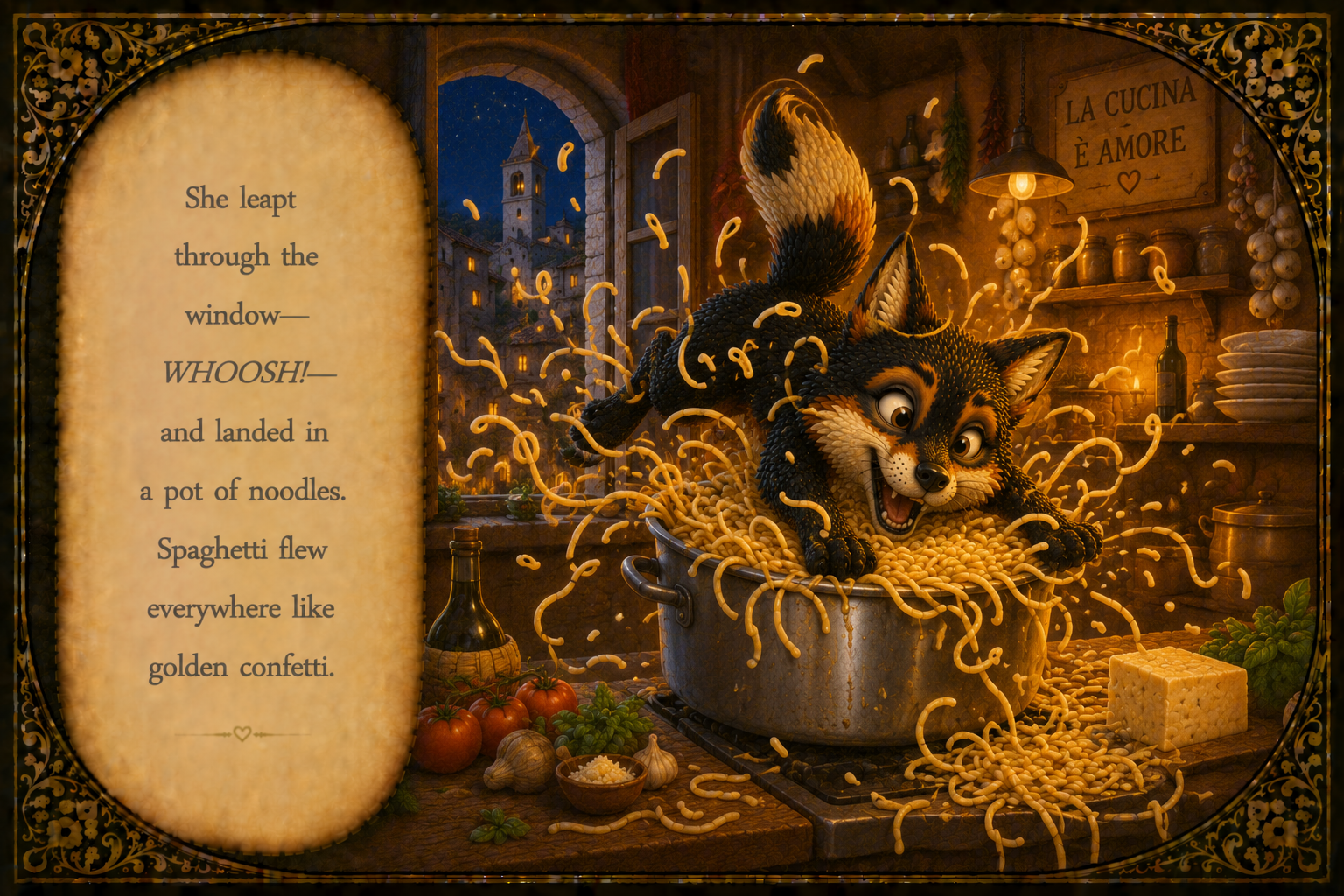 A cartoonish wolf puppy inside a pot of cooked spaghetti noodles in a cozy kitchen at night. The scene includes tomatoes, garlic, herbs, cheese, and a bottle of wine on the counter. The wolf has a playful expression with wide eyes and an open mouth. 