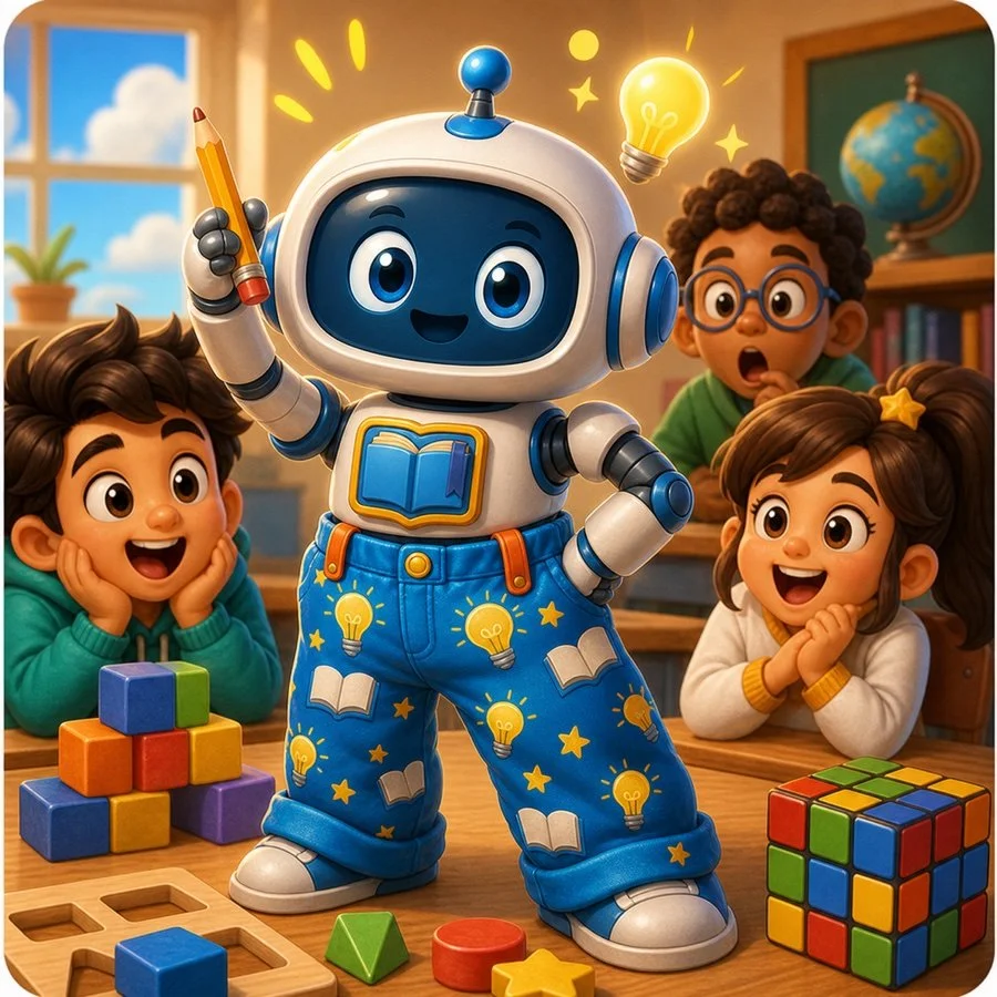 Book Bot wearing smarty pants while solving a classroom puzzle