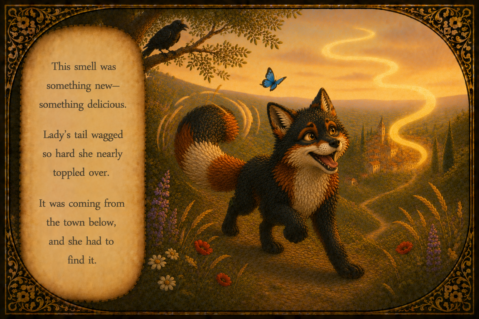 A fantastical illustration of a woodland scene featuring an anthropomorphic fox with a happy expression, walking on a path surrounded by colorful flowers and lush greenery. In the sky, a butterfly flutters near a cawing crow perched on a tree branch.