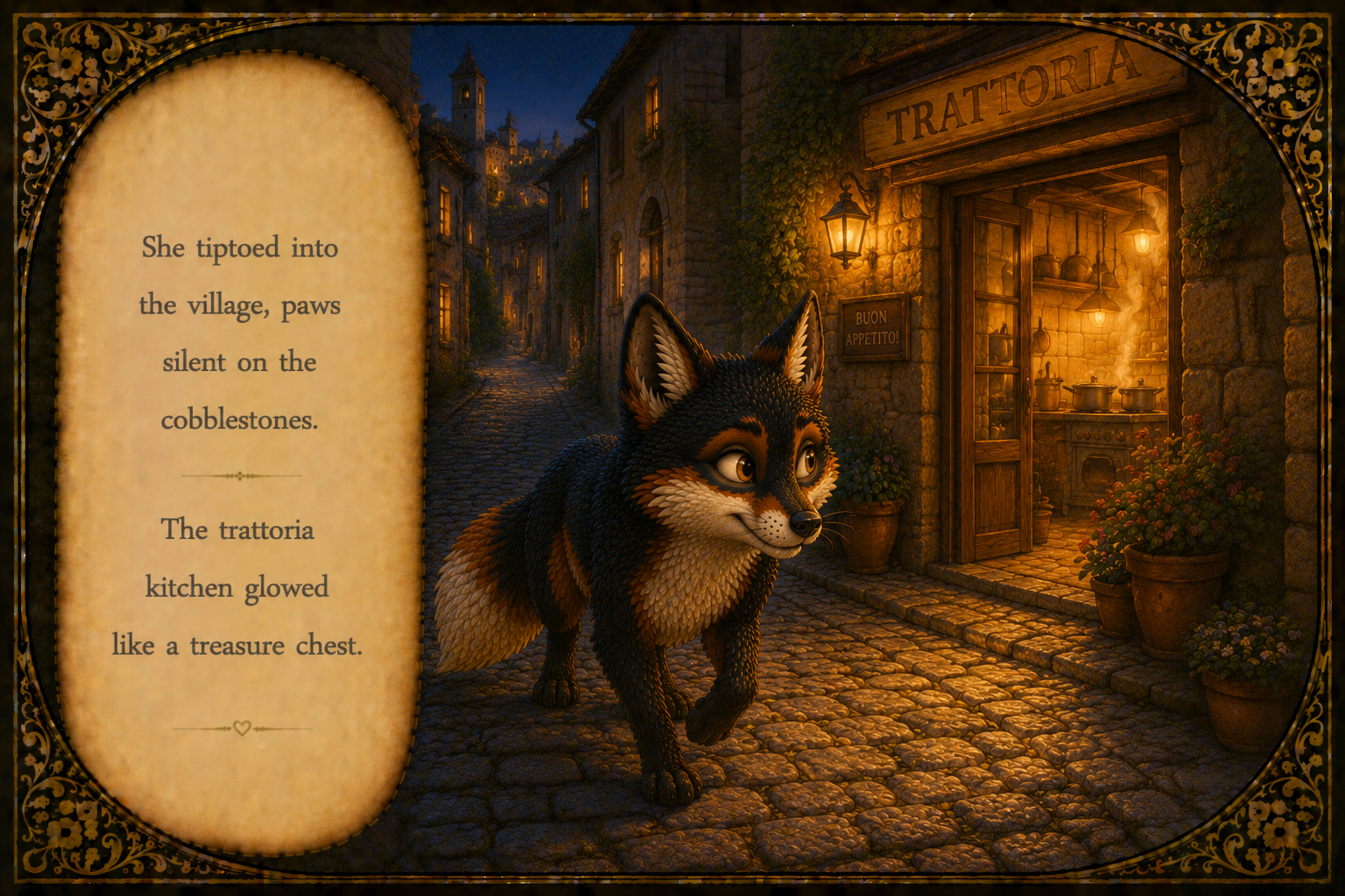 A cozy cobblestone street at dusk with lit windows and a small trattoria with warm light streaming out. A cute, animated black and brown dog walks along the street, and there is a text box with story text on the left side.