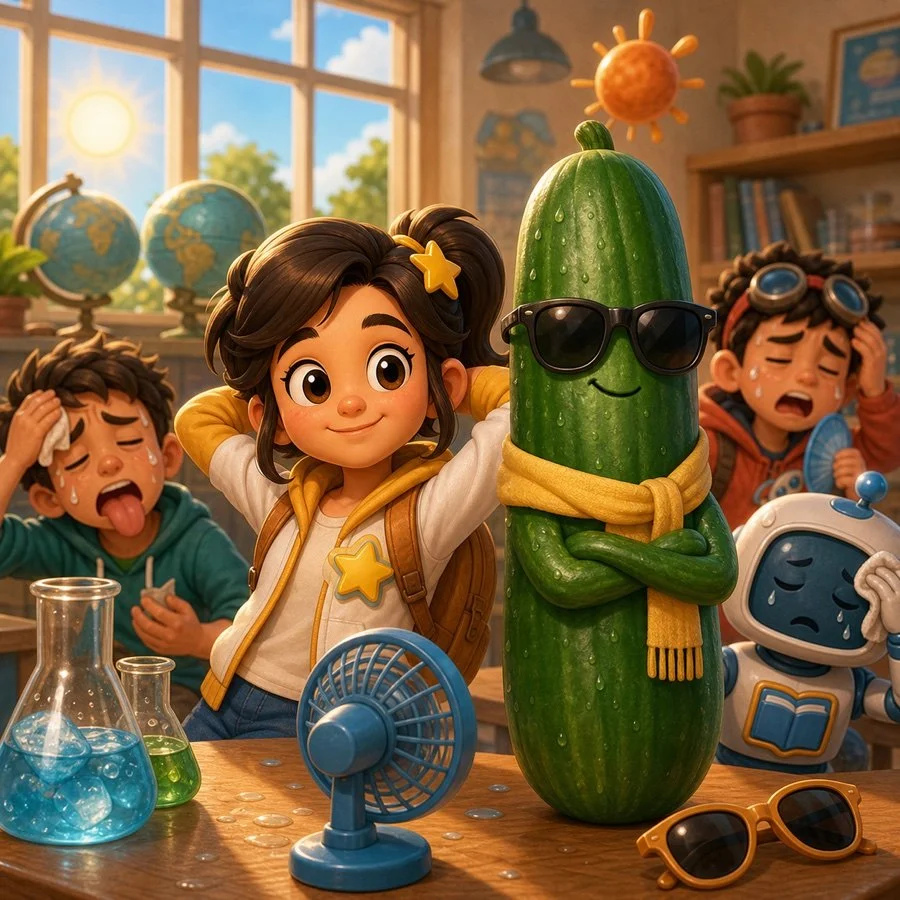 Star Guide standing calmly beside a cucumber wearing sunglasses