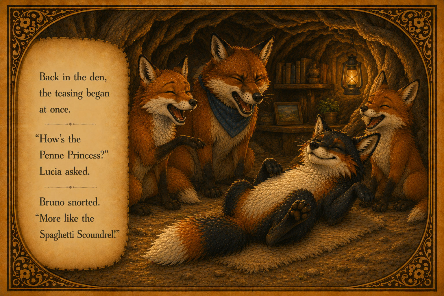 Four playful foxes inside a cozy den with wooden walls, shelves, a lantern, a potted plant, and framed picture. One fox is lying on the ground, four are sitting or standing around, all appear happy and laughing.