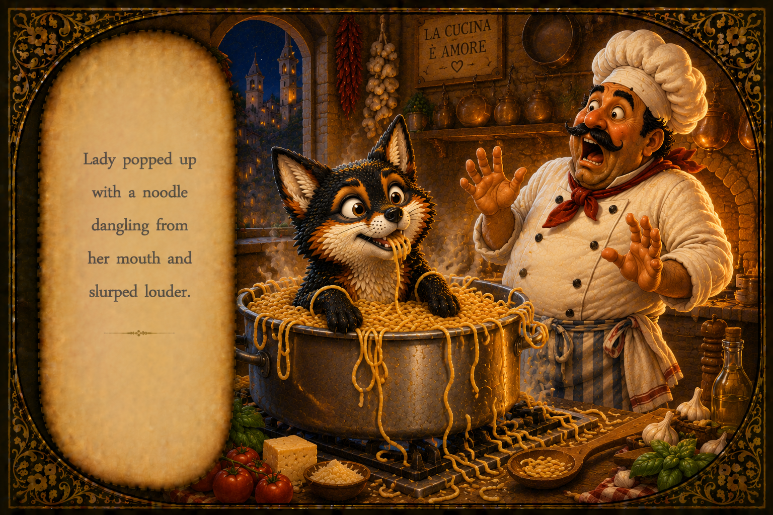 A cartoon chef with a mustache and white chef hat scolding a husky puppy in a large pot of spaghetti noodles. The kitchen is decorated with garlic, tomatoes, and herbs, with a sign that says 'La Cucina È Amore' in the background.