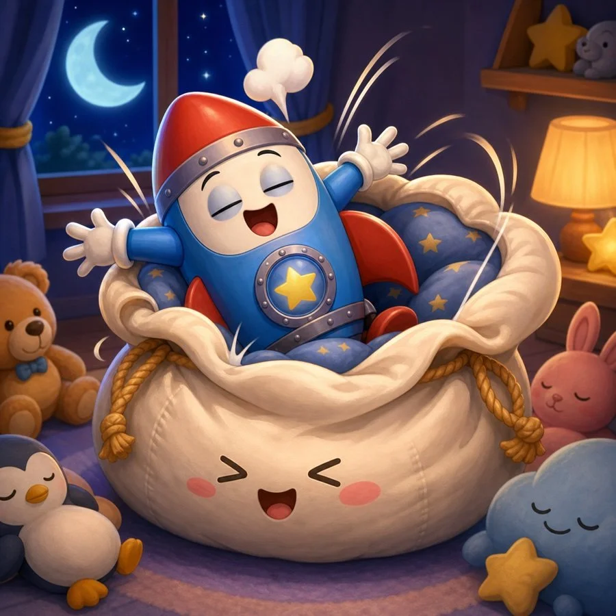 Rocket Pal going dramatically to bed with a pillow nearby