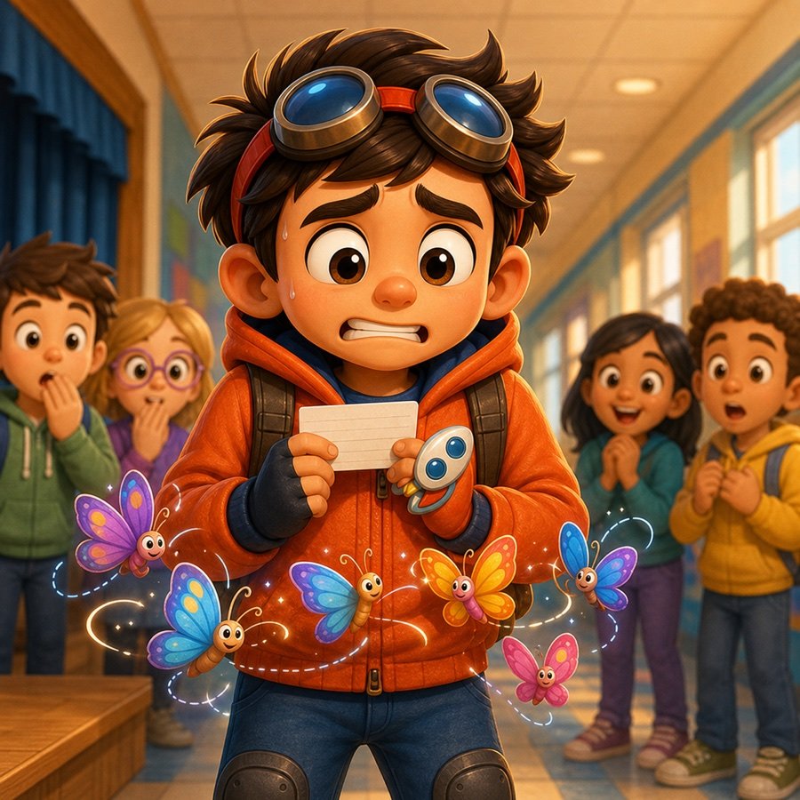 Rocket Pal feeling nervous with butterflies around him before show and tell