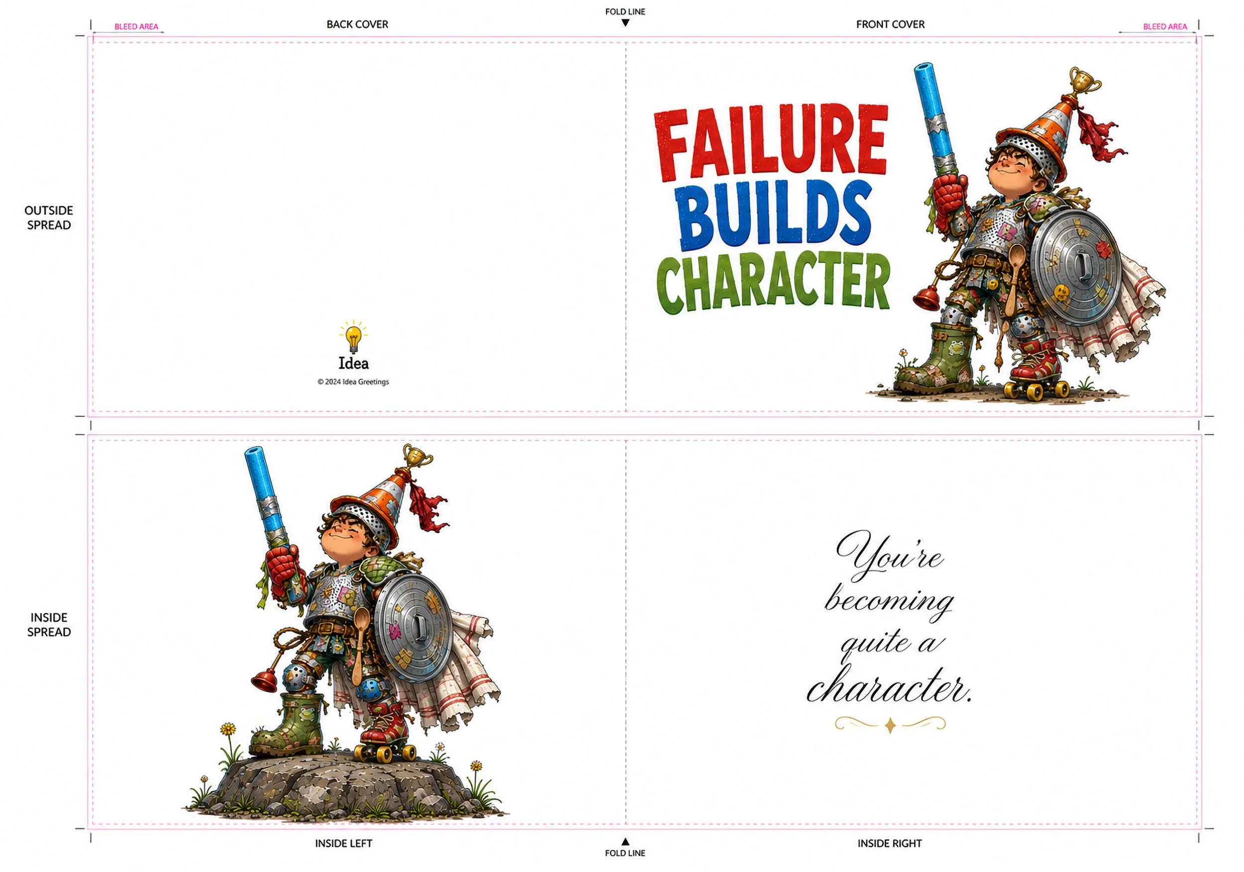 A colorful graphic with the words 'Failure Builds Character' and an illustration of a young boy dressed as a knight with armor, a shield, a trumpet, and roller skates, standing on a wooden log.