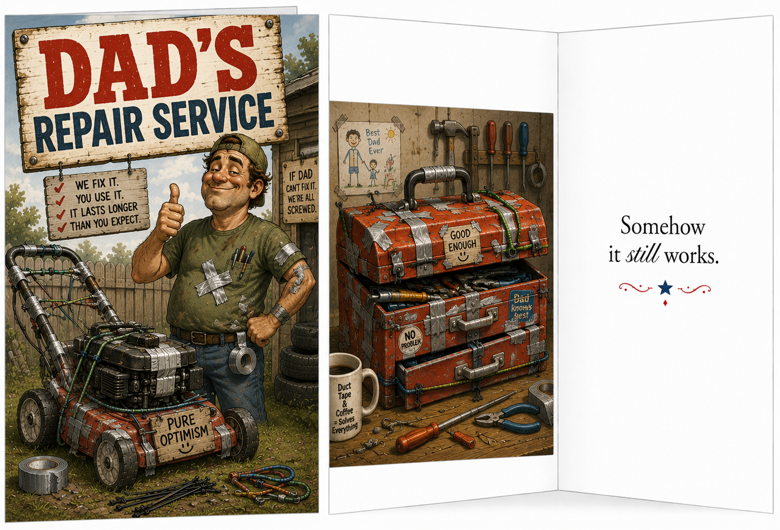 A cartoon-style illustration of a handyman in a yard, giving a thumbs-up, surrounded by tools and equipment, with signs advertising a dad's repair service. The right side shows organized toolboxes, a coffee mug with a quote, and a wall with hanging t