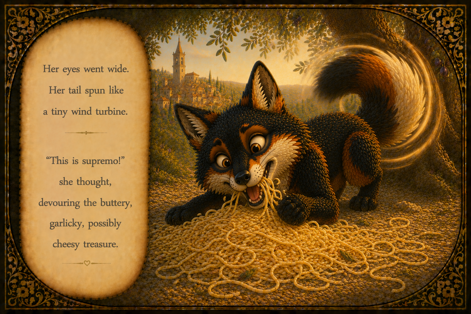 A cartoon squirrel with a bushy tail and big eyes chewing on a bunch of spaghetti noodles, standing on a ground covered with more spaghetti, with a village and church in the background during sunset. An ornate border surrounds the image, and a parchm