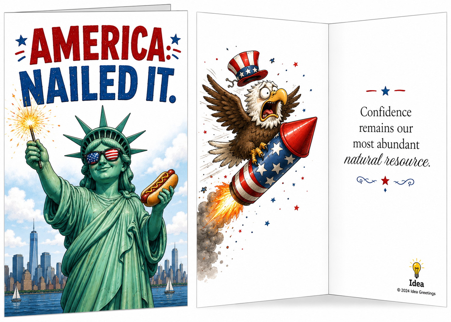 A patriotic celebration card featuring a cartoon Statue of Liberty with sunglasses holding a hot dog, and a fierce eagle wearing a Uncle Sam hat riding a firework rocket, with a city skyline and sailboats in the background; the card reads 'America: N