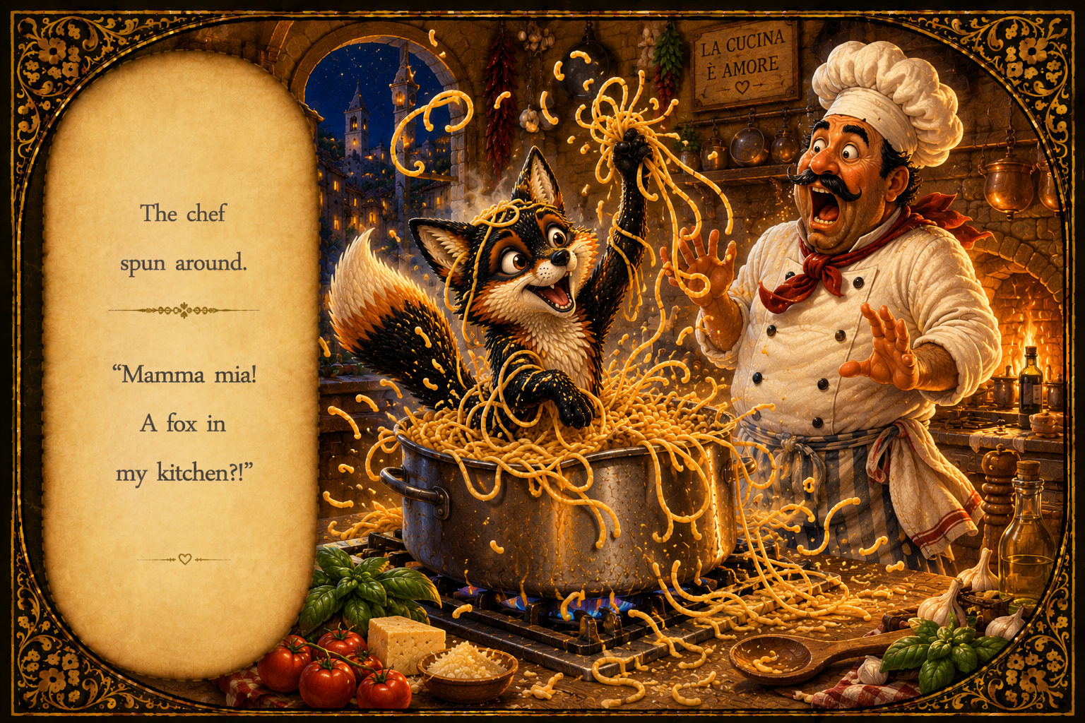 A cartoon fox is cooking spaghetti in a pot, pulling pasta with its paw, while a joyful chef observes with a surprised expression in a rustic kitchen decorated with herbs, garlic, tomatoes, and cheese, with warm lighting and a starry night visible th