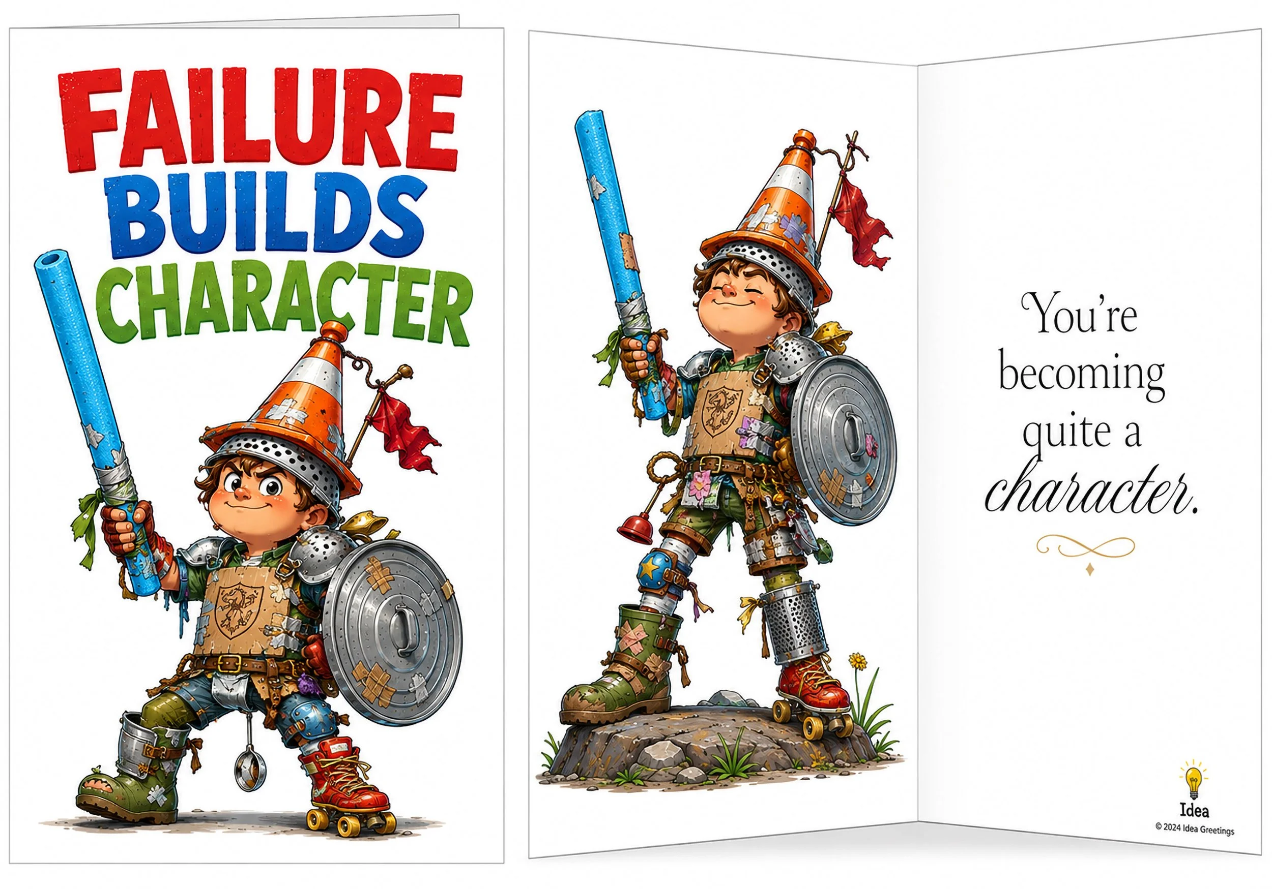 A colorful illustration with the words 'Failure Builds Character' at the top, depicting a cheerful little boy in makeshift knight armor holding a toy sword and shield, dressed in creative, patchy armor and a traffic cone helmet, standing on a rock wi