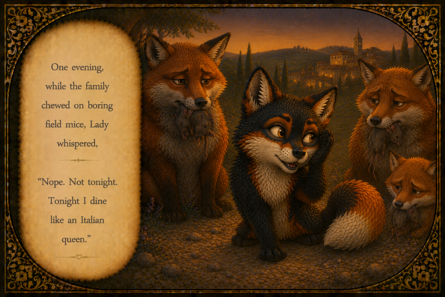 Illustration of a storybook scene with three wolves and a fox, featuring a scroll with a story about wolves and a lady, set against a scenic countryside at sunset.