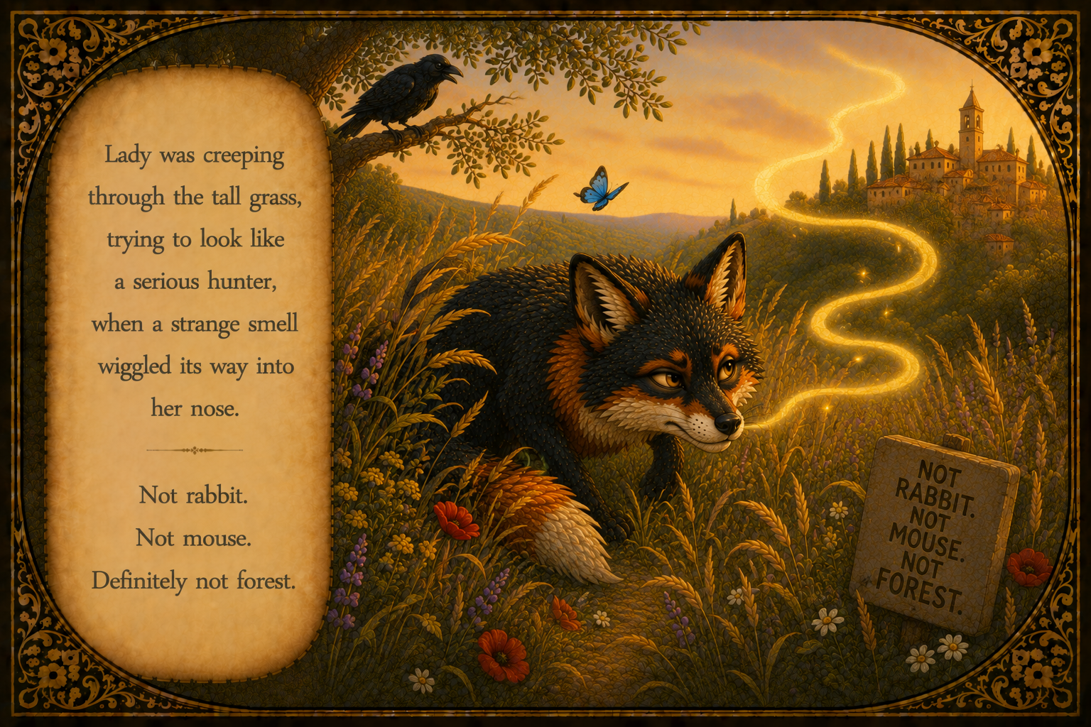 An illustrated scene of a wolf in a field with tall grass and flowers, a black bird perched on a branch, a blue butterfly, and a glowing trail leading to a castle on a hilltop in the distance. There is a sign that says 'NOT RABBIT. NOT MOUSE. NOT FOR