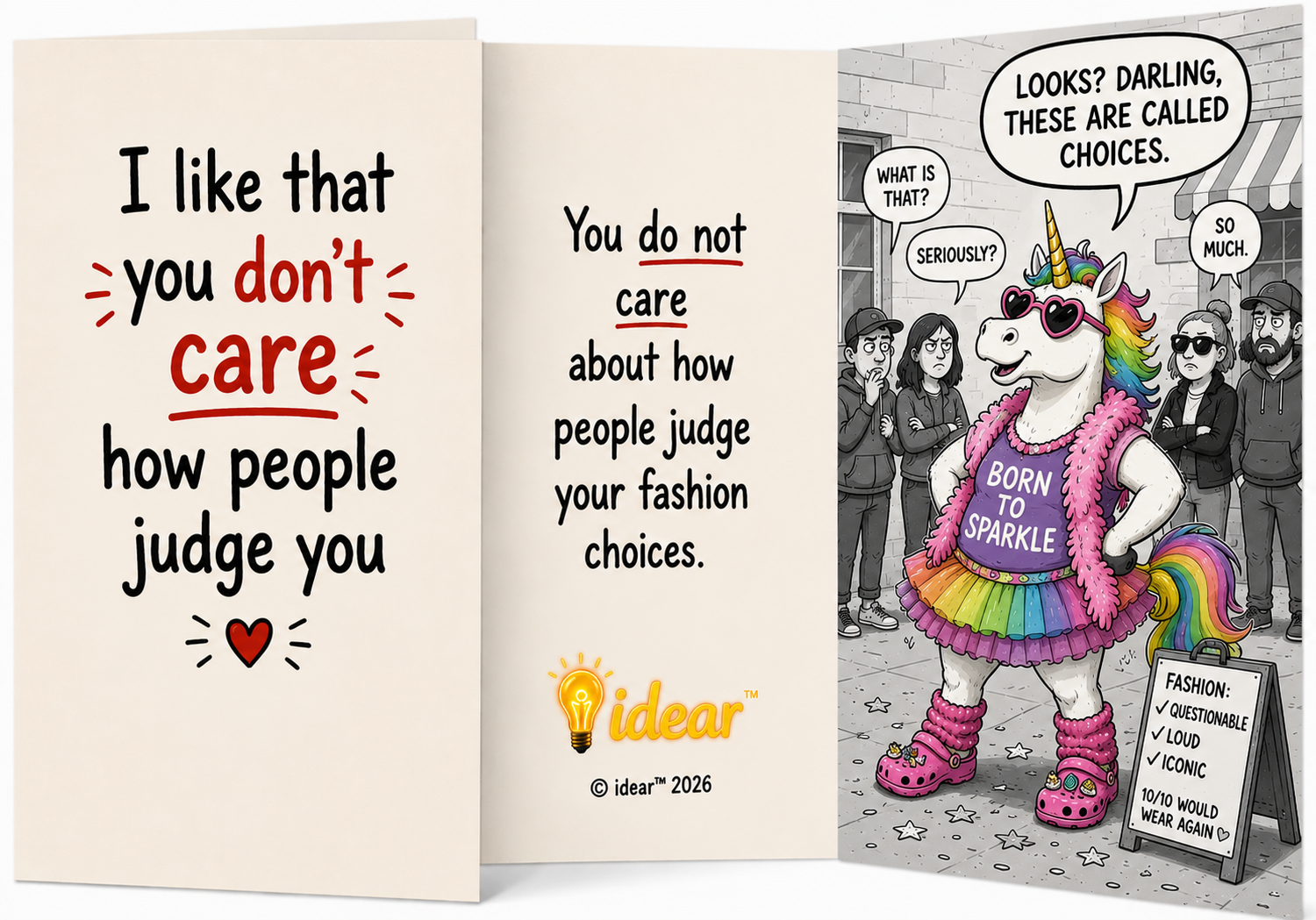 A colorful cartoon unicorn woman wearing sunglasses, a purple shirt with 'Born to Sparkle' written on it, a rainbow tutu, and pink fluffy accessories, standing confidently with hands on hips. She is on a street with a chalkboard sign listing her fash