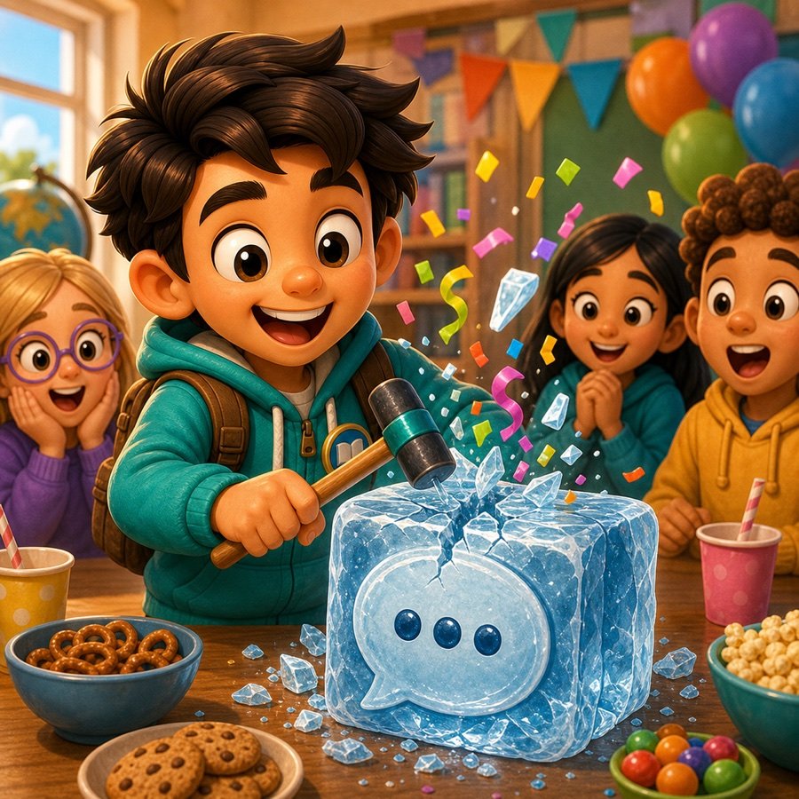 Questy breaking an ice block shaped like a speech bubble