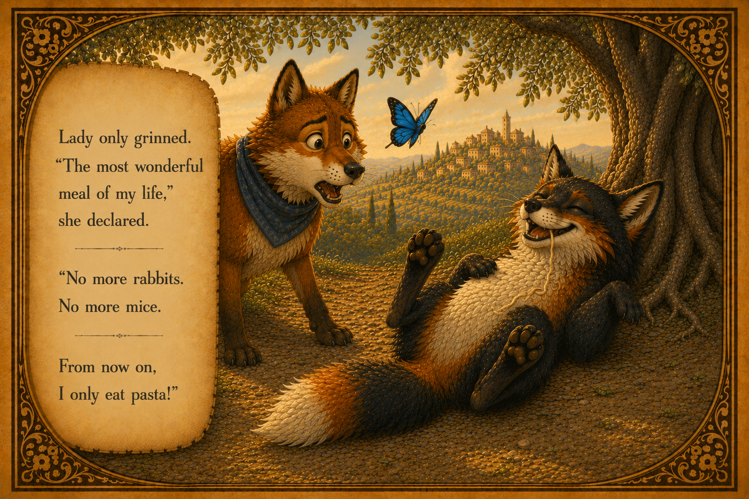 Storybook illustration of two dogs in a forest, one sitting and the other lying on the ground, with a village in the background, a bright blue butterfly flying above, and a decorative border. The sitting dog is talking, and the lying dog is smiling.