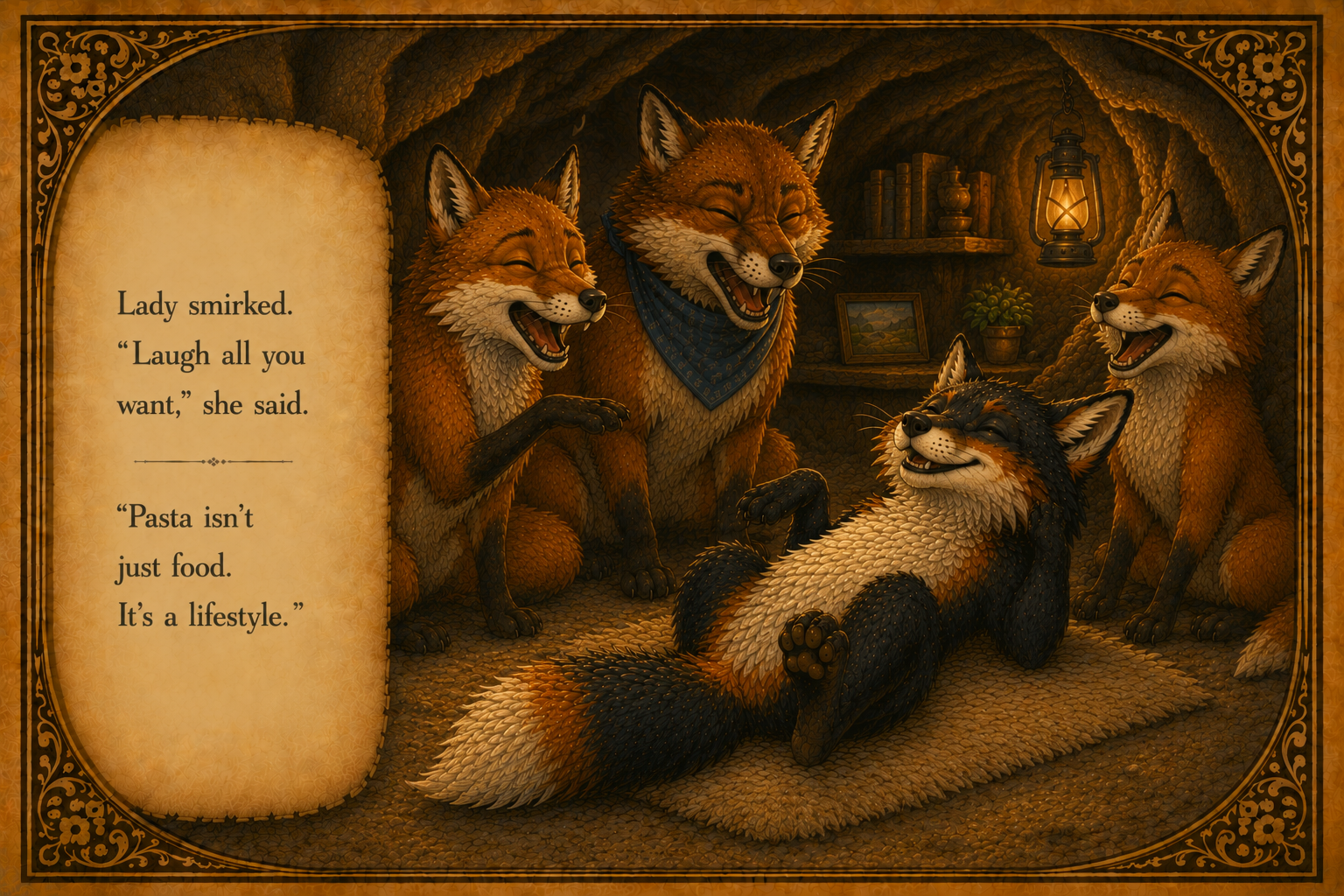 Five smiling foxes inside a cozy, warmly lit cave, with one fox lying on its back and four foxes sitting or standing around it, one of them wearing a blue bandana. The cave has a lantern, books, a framed picture, and a small plant on a shelf. A text 