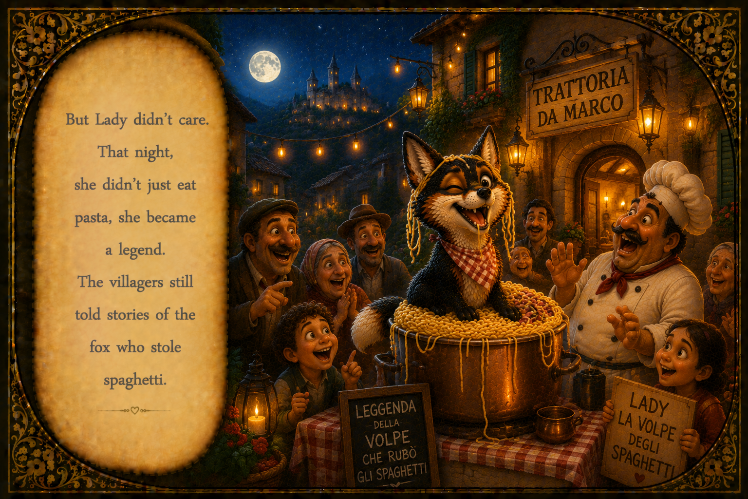 Colorful illustration of a village scene at night with a full moon, a castle on a hill, and a group of joyful villagers gathered around a large pot with a happy fox wearing a red and white checkered bandana. A chef in a white uniform and hat is gestu