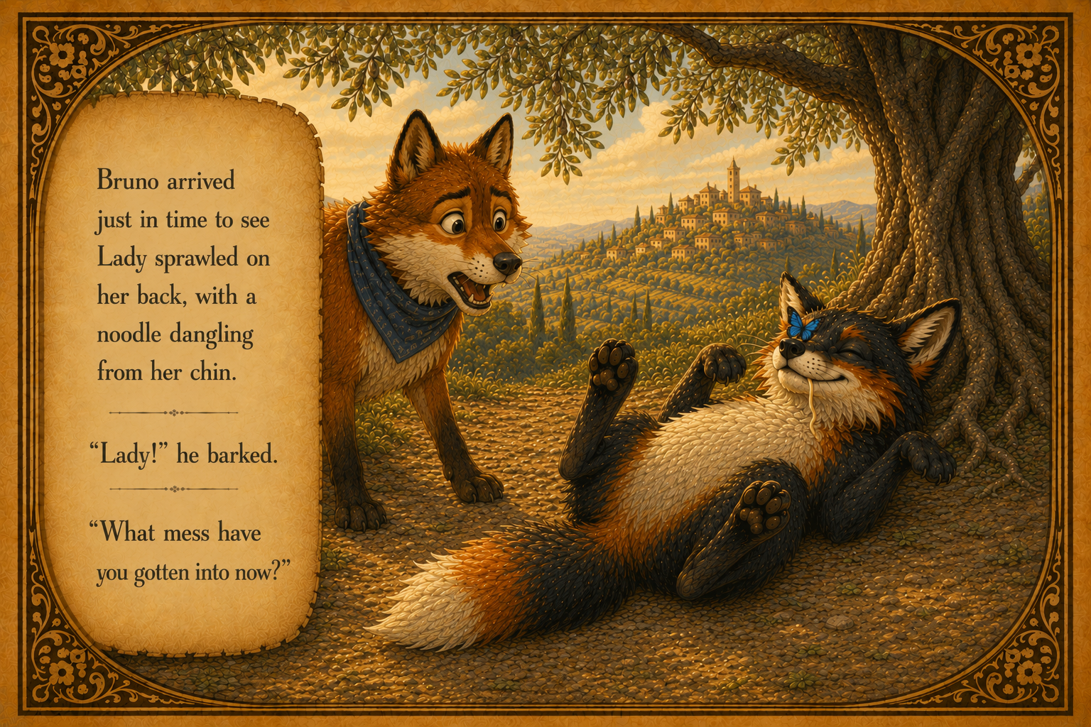 A storybook illustration of two dogs in a scenic outdoor setting. One dog is standing and looks surprised, while the other dog is lying on the ground with a butterfly on its nose and a noodle hanging from its mouth. A large tree, rolling hills, and a